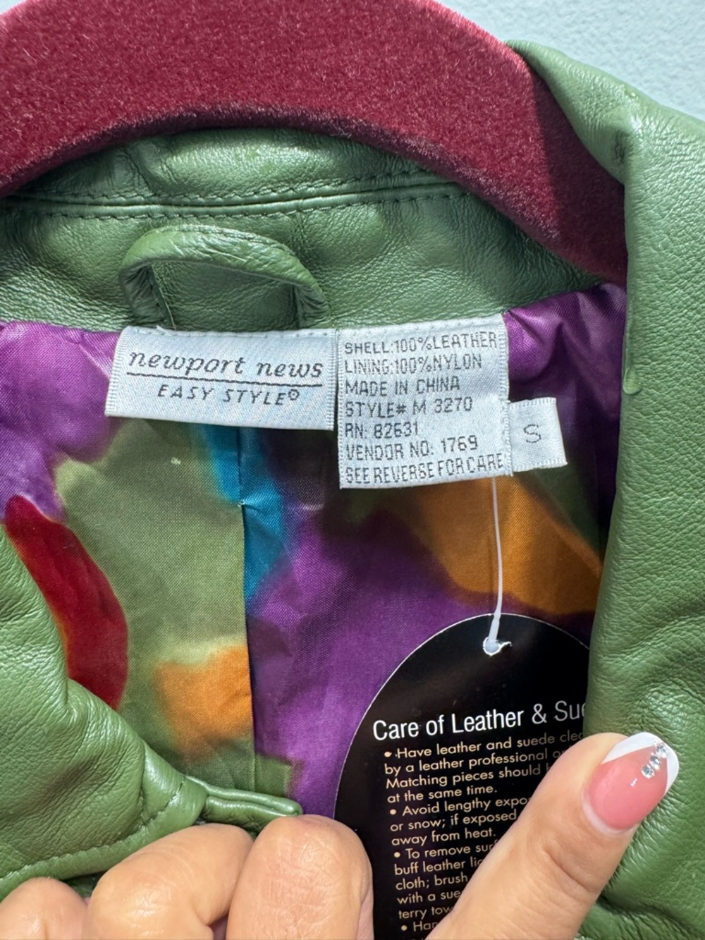 Newport News Light Green Leather Jacket with Colorful Lining - Picture 3 of 5